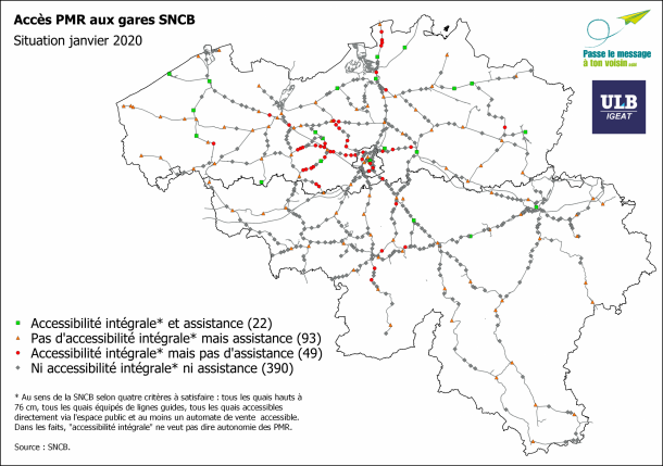 Carte des gares belges et de leurs niveaux d'accessibilité.